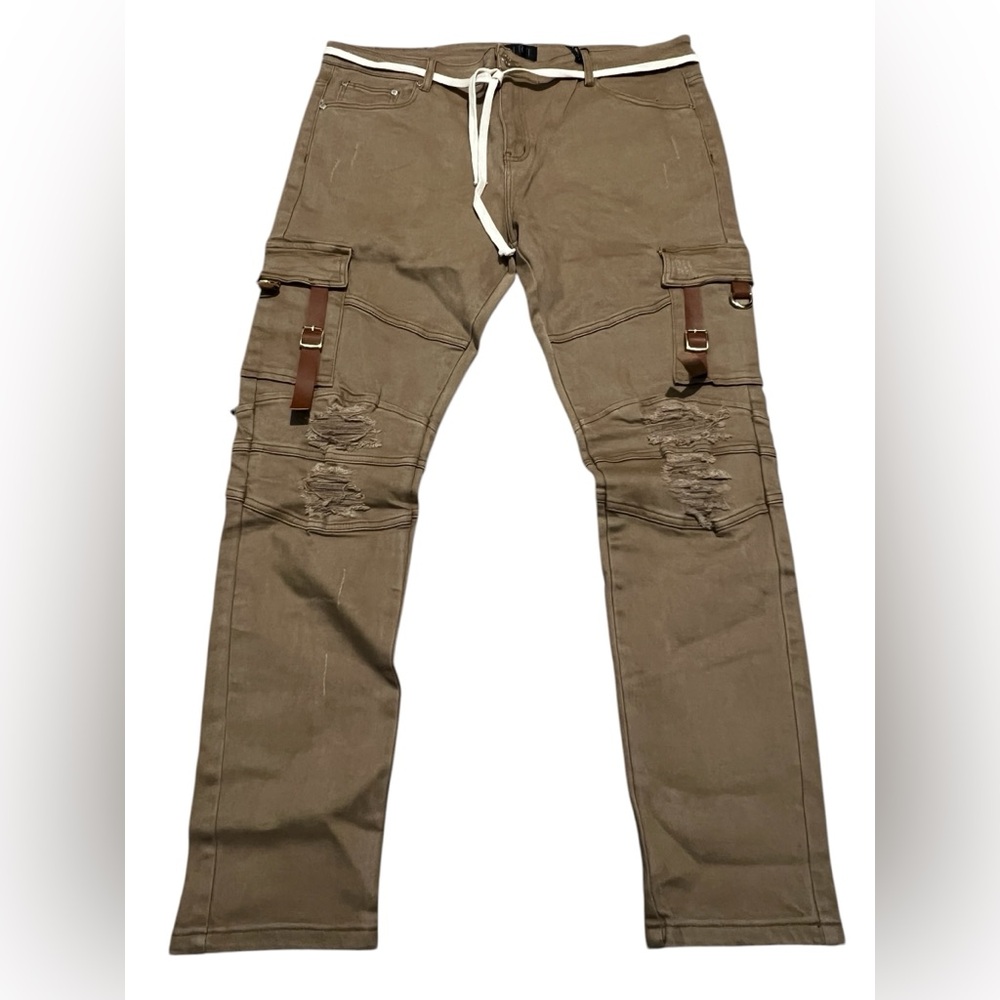 THRT Men's tobacco denim brown distressed ripped Cargo Pants size 44 Rick‎ Ross